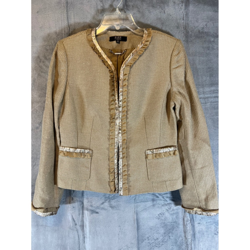 Alex Marie Petite Blazer Jacket Career Office Work Tan Gold Trim 8P‎